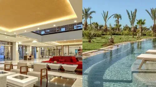 Image of the hotel reception and swim-up pool at the beautiful venue chosen by Kelly Bridges for her first golf coaching holiday in Marrakech.